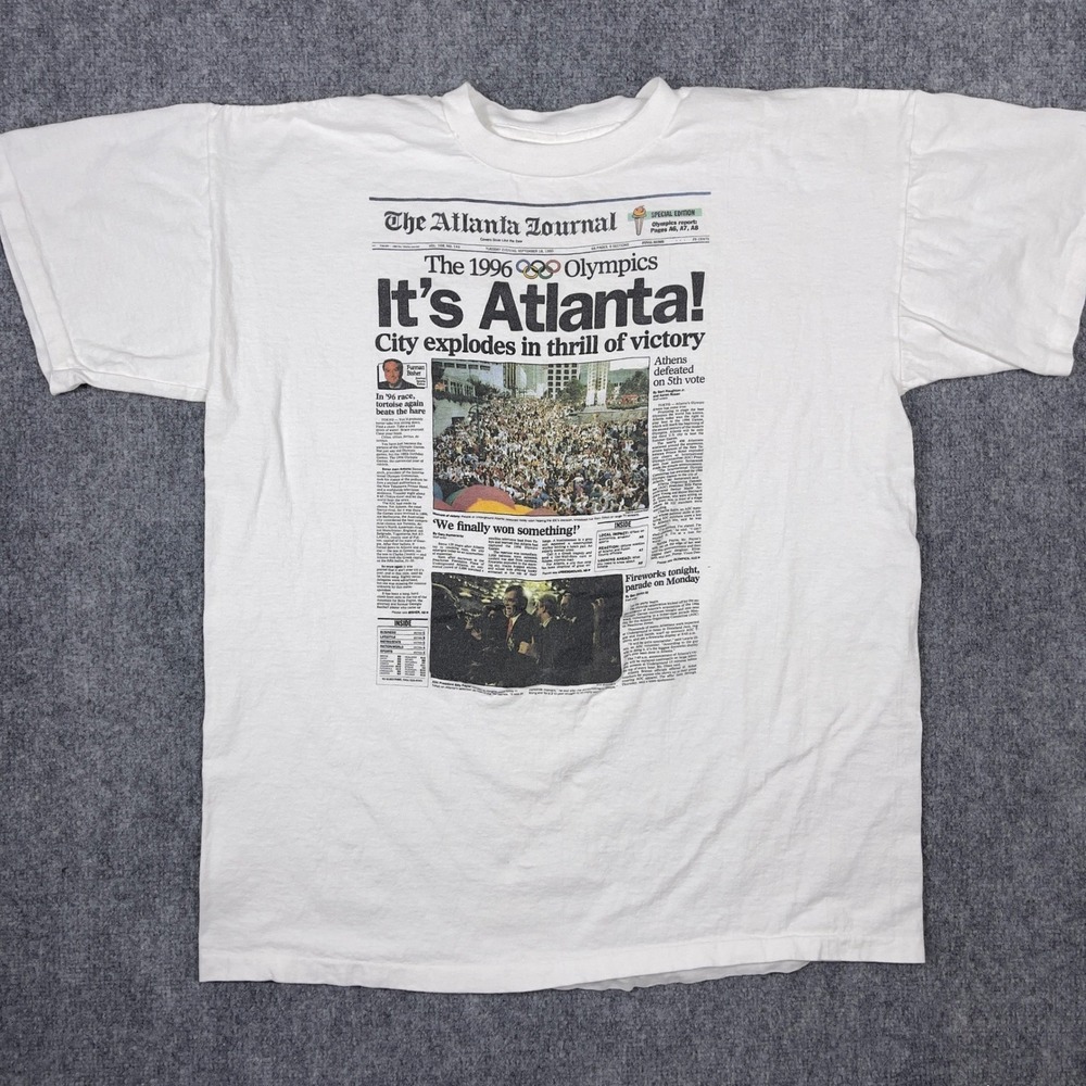 Vintage Atlanta 1996 Olympics T Shirt Mens XL White Journal Newspaper Graphic
